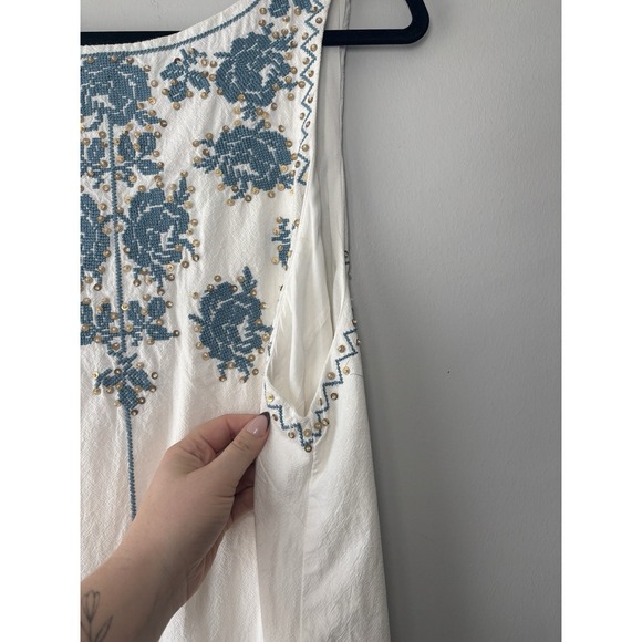 Free People Samson Embroidered Beaded Mini Dress In Ivory/Blue Low Back Cotton - Picture 7 of 12